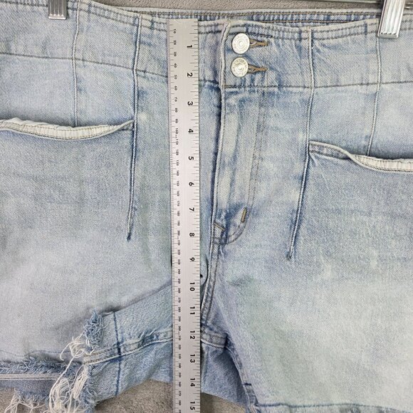 Womens M Jeans Blue Denim A-Line Shorts Curvy Hi Rise Raw Hem Cotton Stretch 20W - Picture 5 of 9